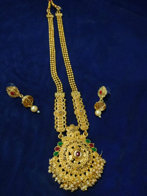 Long Golden Necklace set with earrings