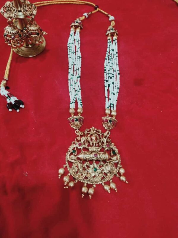 Long necklace set pearl white green beads and golden Laxmi Devi pendant