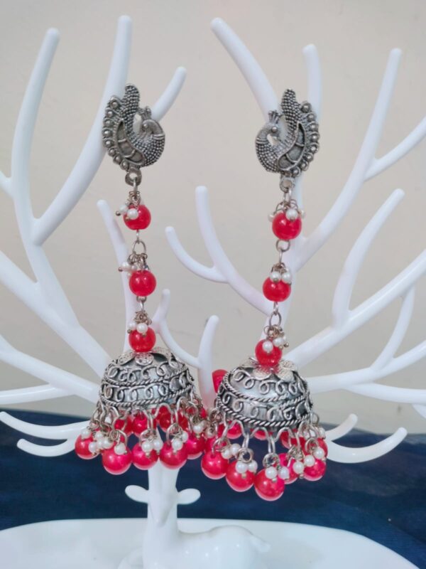 Long Oxidised silver red drop earrings