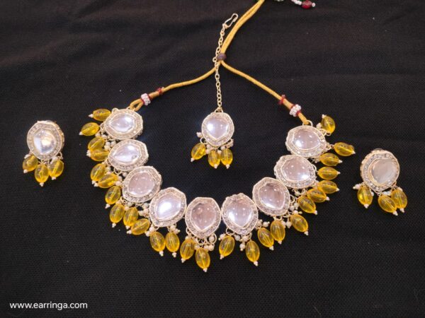 Yellow necklace set with bindiya and earrings