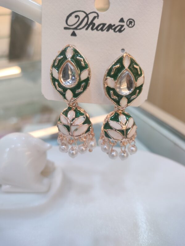 Dark green Meenakari small jhumka earrings for women, featuring intricate enamel detailing, lightweight design, and secure push-back closure, perfect for everyday and ethnic wear
