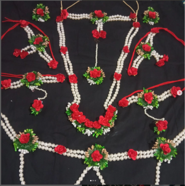 Elegant Red & White Beaded Artificial Flowers Jewelry Set