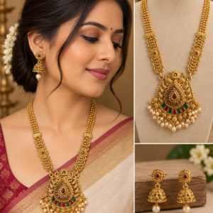 Earringa® Traditional Gold Plated Long Necklace Set with Earrings for Women | Buy Long Haram Jewellery Online
