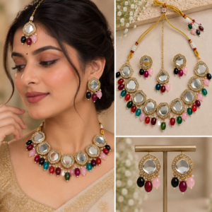 Earringa® Multicolor Artificial Diamond Choker Set with Earrings & Maang Tikka for Women | Buy Bridal Jewellery Set Online