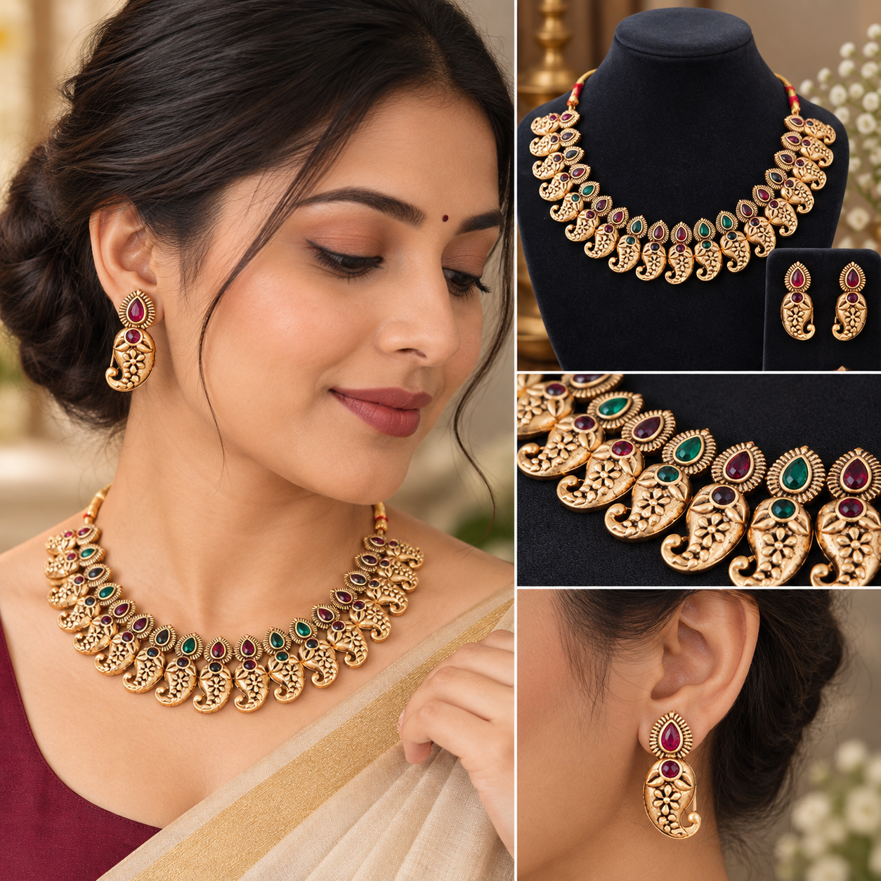 Earringa® Amazing copper golden plated necklace set with red and green stone design and earrings for women