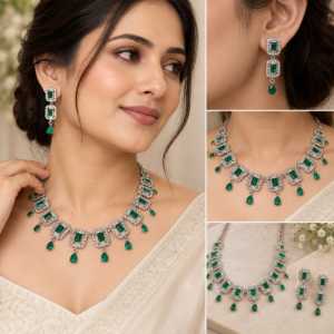 Earringa® Green Artificial Stone Necklace Set with Earrings for Women | Trendy Statement Jewellery