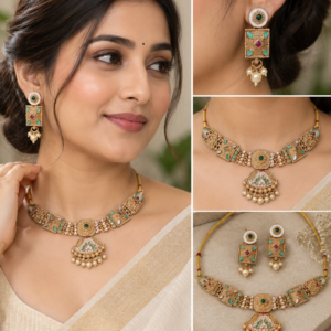 Earringa® Multicolor Traditional Premium Gold Plated Copper Necklace Set with Earrings for Women | Buy Meenakari Pearl Jewellery Set