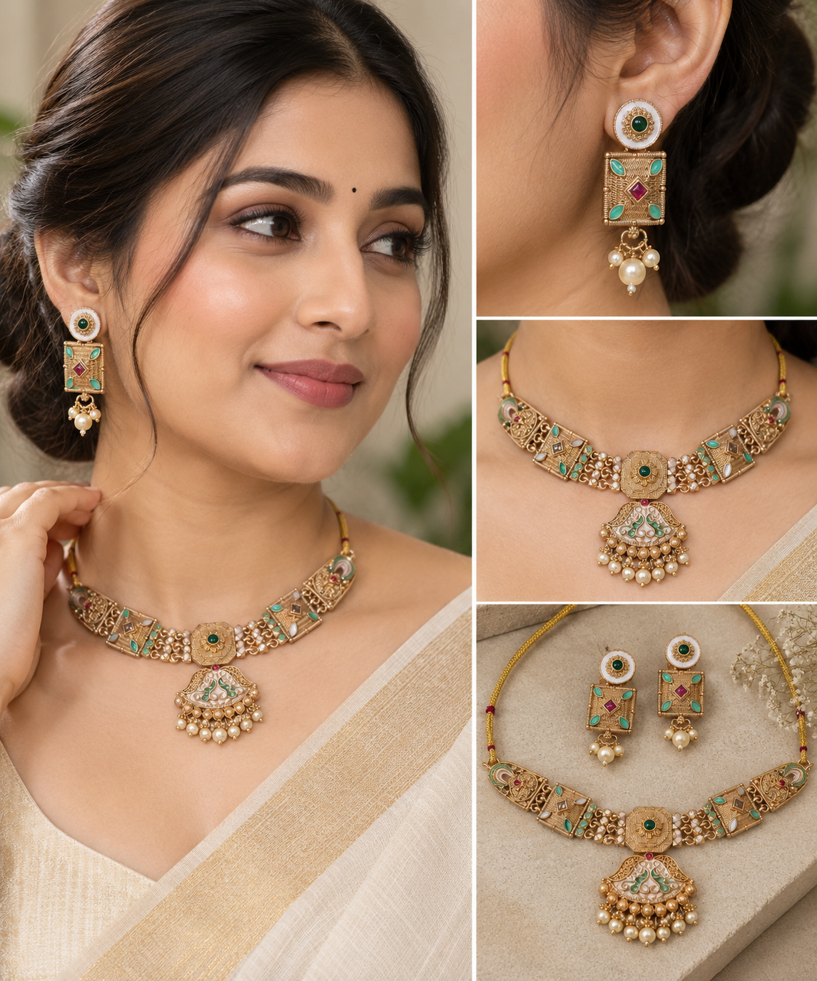Earringa® Multicolor Traditional Premium Gold Plated Copper Necklace Set with Earrings for Women | Buy Meenakari Pearl Jewellery Set