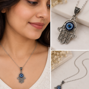 Earringa® Silver-Tone Hamsa Hand Evil Eye Pendant Necklace for Women | Nazar Protection Necklace