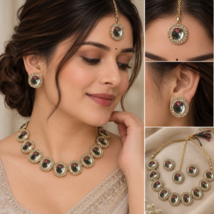 Earringa® Artificial Diamond Stone Bridal Necklace Set with Earrings & Mangtika for Women | Buy Bridal Jewellery Set