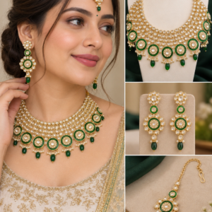 Earringa® Premium Green Kundan Bridal Necklace Set with Earrings for Women | Wedding Jewellery Set