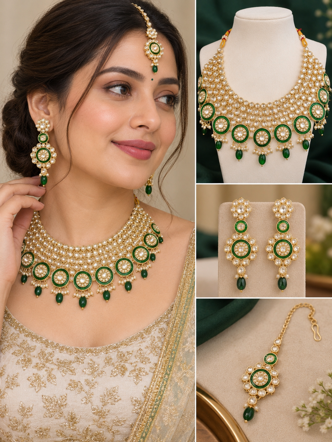 Earringa® Premium Green Kundan Bridal Necklace Set with Earrings for Women | Wedding Jewellery Set