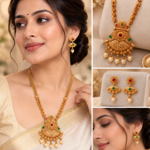 Earringa® Traditional golden haram set | long necklace set with earrings | Temple Jewellery