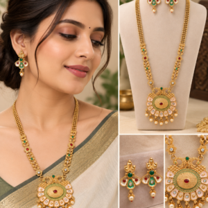 Earringa® Beautiful golden copper long haram with red and green stone earrings and unique trendy design