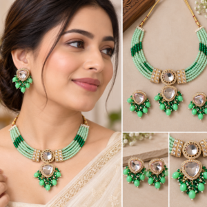 Earringa® Premium Green Crystal Kundan Diamond Necklace Set with Earrings| Crystal Jewelry