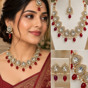 Earringa® Maroon Artificial Diamond Choker Set with Earrings & Maang Tikka for Women | Buy Bridal Jewellery Set Online