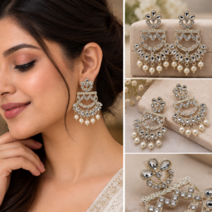 Earringa® White Artificial Stone Chandbali Earrings for Women | Traditional Statement Earrings