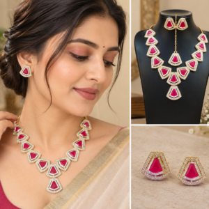 Earringa® Pink Stone Traditional Golden Necklace Set with Earrings for Women | Buy Artificial Stone Jewellery Set