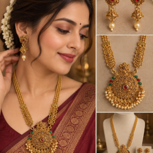 Earringa® Traditional Gold Plated Long Haram Necklace Set with Earrings for Women | Buy Bridal Haram Jewellery Online
