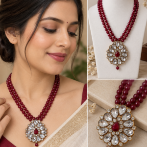 Earringa® Maroon Crystal Pendant Long Chain for Women | Buy Modern Pendant Necklace Online