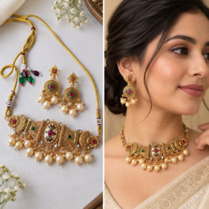 Earringa® Premium Copper Golden Choker Necklace Set with Earrings for Women | Traditional Designer Jewellery