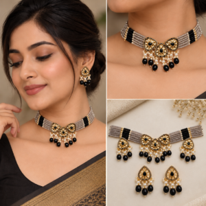 Earringa® Premium Black Crystal Choker Necklace Set with Earrings for Women | Buy Modern Choker Jewellery Online