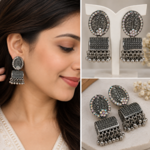 Earringa® Traditional Oxidised Earrings Set for Women | Designer Silver-Tone Ethnic Earrings