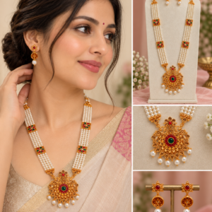 Earringa® Traditional Tanmani set with long white pearl necklace and earrings for women