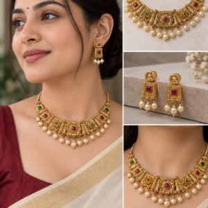 Earringa® Green & Maroon Premium Gold Plated Traditional Copper Necklace Set with Earrings for Women | Buy Traditional Jewellery Set