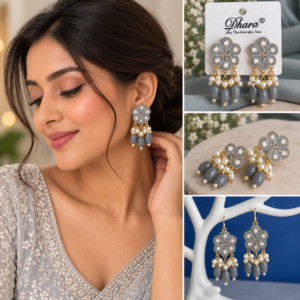 Earringa® Meenakari floral grey and white earrings with pearls for women
