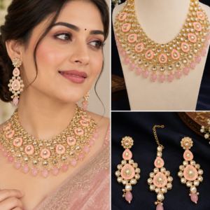 Earringa® Pink Kundan Bridal Necklace Set with Earrings & Maang Tikka for Women | Wedding Jewellery Set