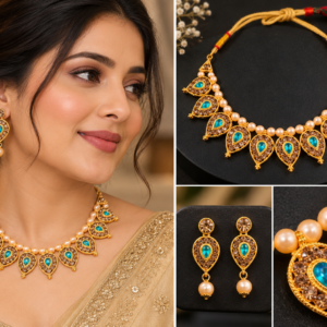 Turquoise Stone & Pearl Imitation Necklace Set for Women