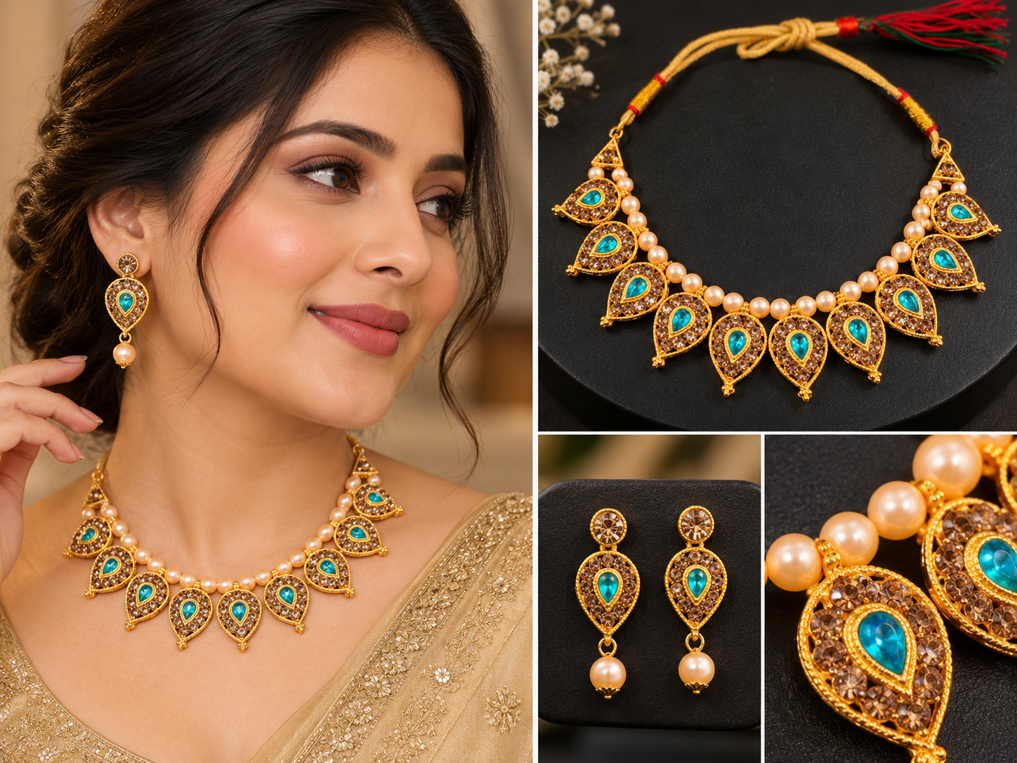 Turquoise Stone & Pearl Imitation Necklace Set for Women