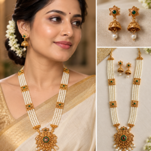Earringa® Traditional Long Pearl Necklace Set with Earrings for Women | Buy Moti Mala Jewellery Set Online