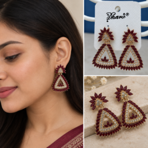 Earringa® Maroon floral meenakari diamond triangualr earrings for modern women