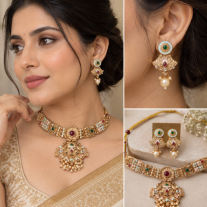 Earringa® Traditional Gold-Tone Pearl Choker Copper Necklace Set with Earrings for Women | Golden Jewellery Set