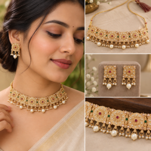 Earringa® Floral Golden Finish Choker Necklace Set with Earrings for Women | Traditional Designer Jewellery