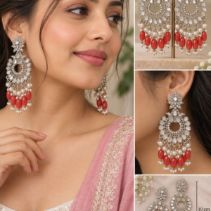 Earringa® Trending Chandbali Red Earrings with Crystals and White Pearls | Earrings under 300Rs