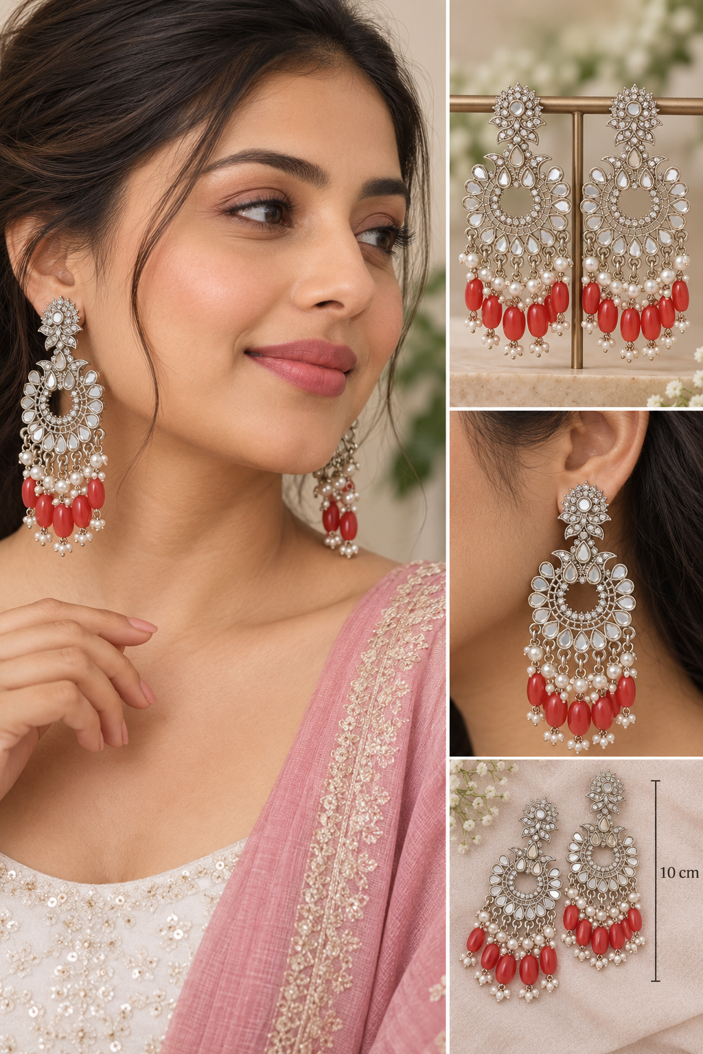 Earringa® Trending Chandbali Red Earrings with Crystals and White Pearls | Earrings under 300Rs