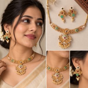 Earringa® Multicolor Traditional Premium Gold Plated Copper Necklace Set with Earrings for Women | Buy Temple Jewellery Set