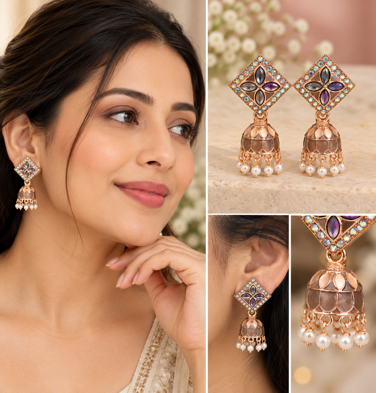 Earringa® Grey Golden design jhumka earrings for women